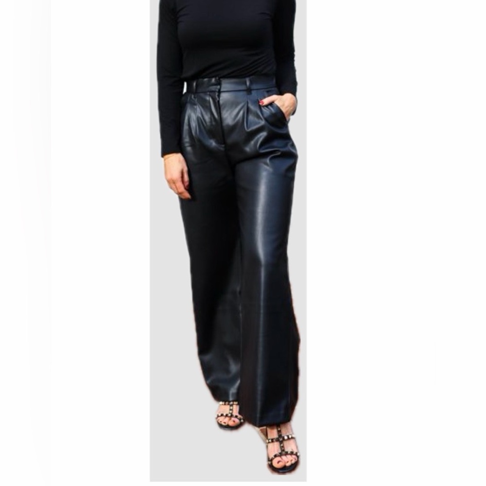 Abercrombie & Fitch Tailored Pants Vegan Leather Black Wide-Leg Sz S Biker Rock - Picture 2 of 15